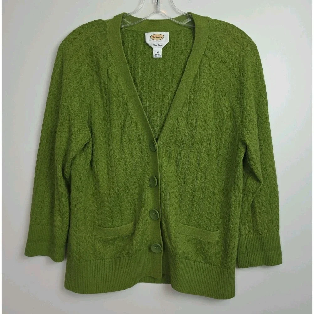 Talbots Button-Up V-Neck Cardigan Women's Size M Green 3/4-Sleeves
